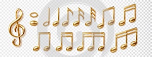 Golden music notes collection isolated on transparent background. Vector 3d realistic icon.