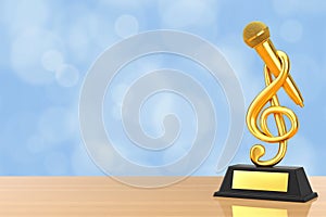 Golden Music Treble Clef with Microphone Award Trophy. 3d Rendering