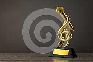 Golden Music Treble Clef with Microphone Award Trophy. 3d Rendering