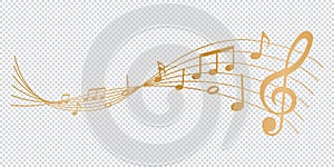 Golden musical notes melody on transparent background