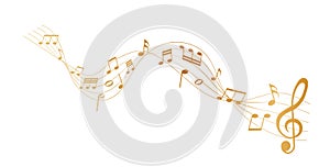 Golden musical notes on white background with clef