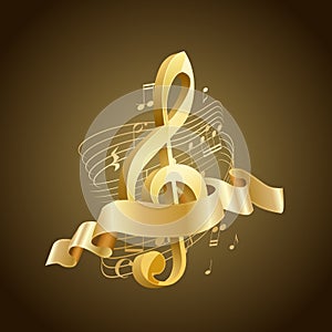 Golden musical treble clef with abstract lines and notes, ribbon