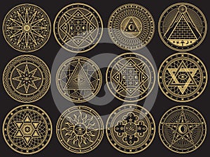 Golden mystery, witchcraft, occult, alchemy, mystical esoteric symbols