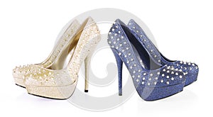 Golden and navy blue glitter spiked shoes