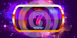 Golden Neon slot machine wins the jackpot. Cosmos casino. 777 Big win concept.