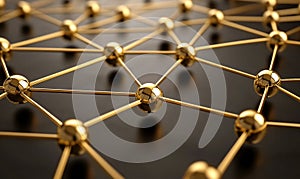 Golden network structure with interconnected nodes and lines on dark background