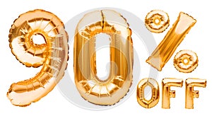 Golden ninety percent sale sign made of inflatable balloons isolated on white. Helium balloons, gold foil numbers. Sale decoration