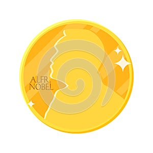 Golden Nobel medal in flat design. Vector illustration of stylized Nobel prize - award of the year. Abstract coin icon