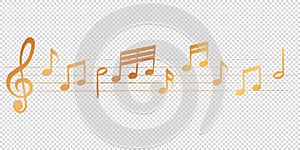 Golden notes on transparent background with clef