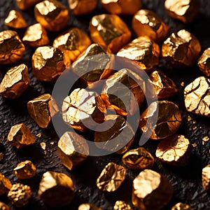 Golden nuggets on dark background, raw precious gold