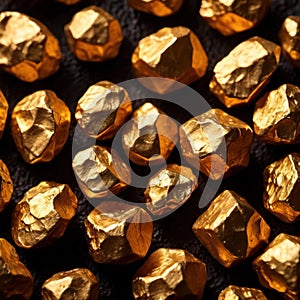 Golden nuggets on dark background, raw precious gold