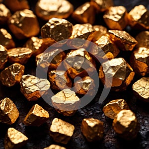 Golden nuggets on dark background, raw precious gold