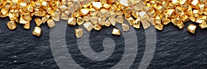 Golden Nuggets Scattered on Black Stone Background, Symbolizing Wealth and Prosperity