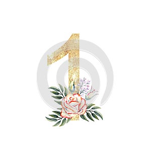 Golden number 1 with a bouquet of pink roses on a white isolated background. Hand-drawn watercolor illustration