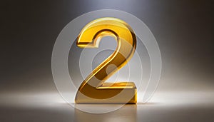 Golden number 2 on gray background with gradient and copy space. 3D rendering