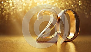 Golden number 20 on golden background with glowing bokeh. 3D rendering