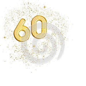 Golden number 60, sixty numbers isolated on white background. Ideal sixtieth wedding anniversary or birthday. Glittery.