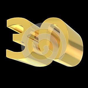 Golden number 30. Arabic numbers in isometric view. 3d render