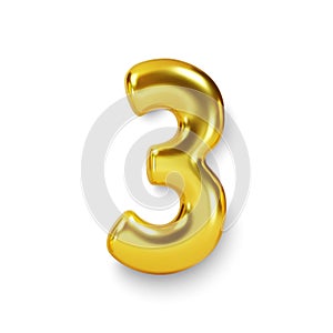 Golden Number Balloon 3 Three. Vector realistic 3d character