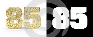 Golden number eighty five number 85 on white background with drop shadow and alpha channel. 3D illustration