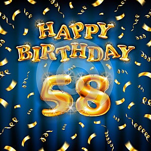 Golden number fifty eight metallic balloon. Happy Birthday message made of golden inflatable balloon. 58 number letters on blue