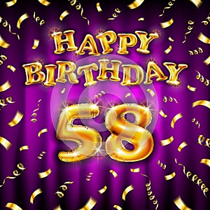 Golden number fifty eight metallic balloon. Happy Birthday message made of golden inflatable balloon. 58 number letters on pink