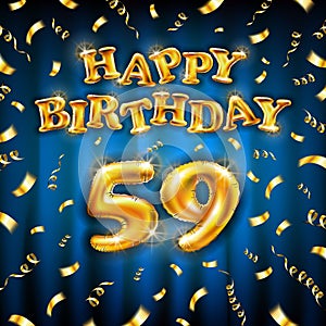 Golden number fifty nine metallic balloon. Happy Birthday message made of golden inflatable balloon. 59 number letters on blue