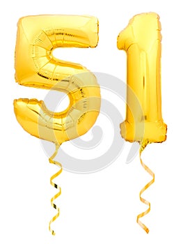 Golden number fifty one 51 made of inflatable balloon with ribbon on white