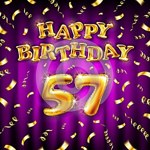 Golden number fifty seven metallic balloon. Happy Birthday message made of golden inflatable balloon. 57 number letters on pink