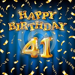 Golden number forty one metallic balloon. Happy Birthday message made of golden inflatable balloon. 41 number letters on blue