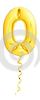 Golden number 0 made of inflatable balloon with golden ribbon isolated on white