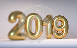 Golden number New Year 2019 with a depth of field. 3d render