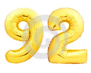 Golden number 92 ninety two made of inflatable balloon