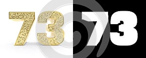 Golden number seventy three number 73 on white background with drop shadow and alpha channel. 3D illustration