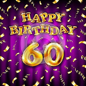 Golden number sixty metallic balloon. Happy Birthday message made of golden inflatable balloon. 60 number letters on pink