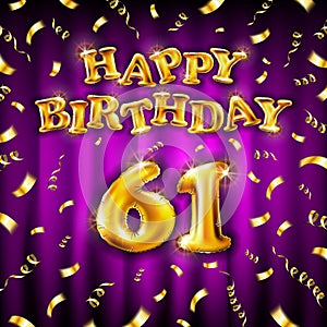Golden number sixty one metallic balloon. Happy Birthday message made of golden inflatable balloon. 61 number letters on pink