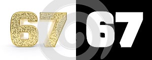 Golden number sixty seven number 67 on white background with drop shadow and alpha channel. 3D illustration