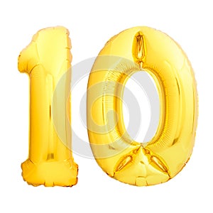 Golden number 10 ten made of inflatable balloon isolated on white photo