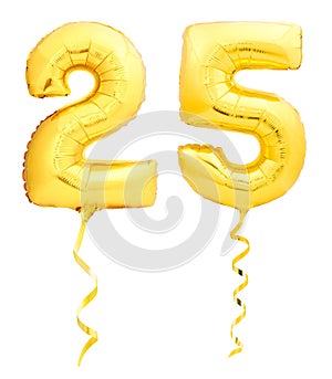 Golden number 25 twenty five made of inflatable balloon with ribbon isolated on white