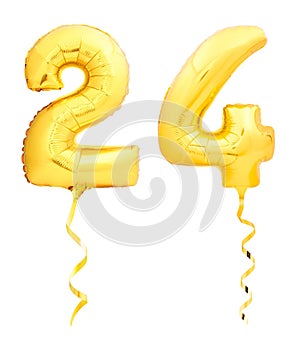 Golden number 24 twenty four made of inflatable balloon with ribbon isolated on white