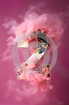 Golden number two with pink smoke. 2 Years Old. Second Birthday Celebration. Girls party. Baby girl celebrates