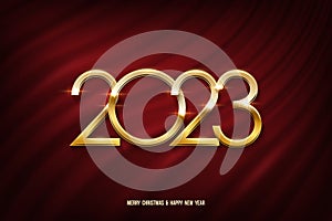Golden 2023 number vector illustration. Merry Christmas and Happy new year banner template. Festive postcard, xmas