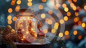 Golden Numbered Christmas Lights in Jar with Defocused Background