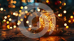 Golden Numbered Christmas Lights in Jar with Defocused Background