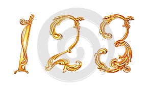 Golden numbers 1, 2, 3 in baroque style