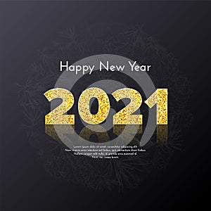 Golden numbers 2021 with reflection and shadow on black background. Holiday gift card Happy New Year with fir tree