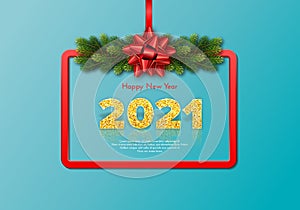 Golden numbers 2021 with reflection and shadow on blue background. Holiday gift card Happy New Year with fir tree