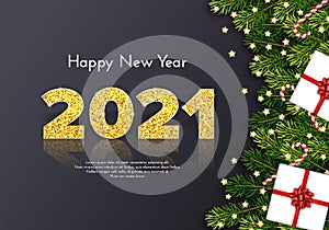 Golden numbers 2021 with reflection and shadow on dark background. Holiday gift card Happy New Year with fir tree