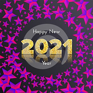 Golden numbers 2021 with reflection and shadow on dark background. Wreath of neon stars. Holiday gift card Happy New