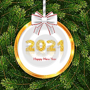 Golden numbers 2021 with reflection and shadow on fir tree branches wreath background. Holiday gift card Happy New Year